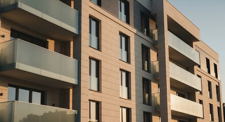 Fototapeta premium Modern Apartment Building Exterior, Beige Facade, Glass Balconies, Contemporary Architecture, Urban Design, Real Estate Photography