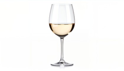 A close-up shot of a wine glass filled with a light-colored alcoholic beverage, isolated on white.