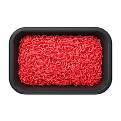 Close-up view of fresh raw ground meat neatly packed in a black plastic tray ready for cooking