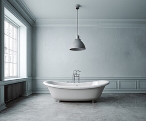 A serene, antique-style bathroom with a freestanding bathtub, showcasing muted tones and classic architectural details.