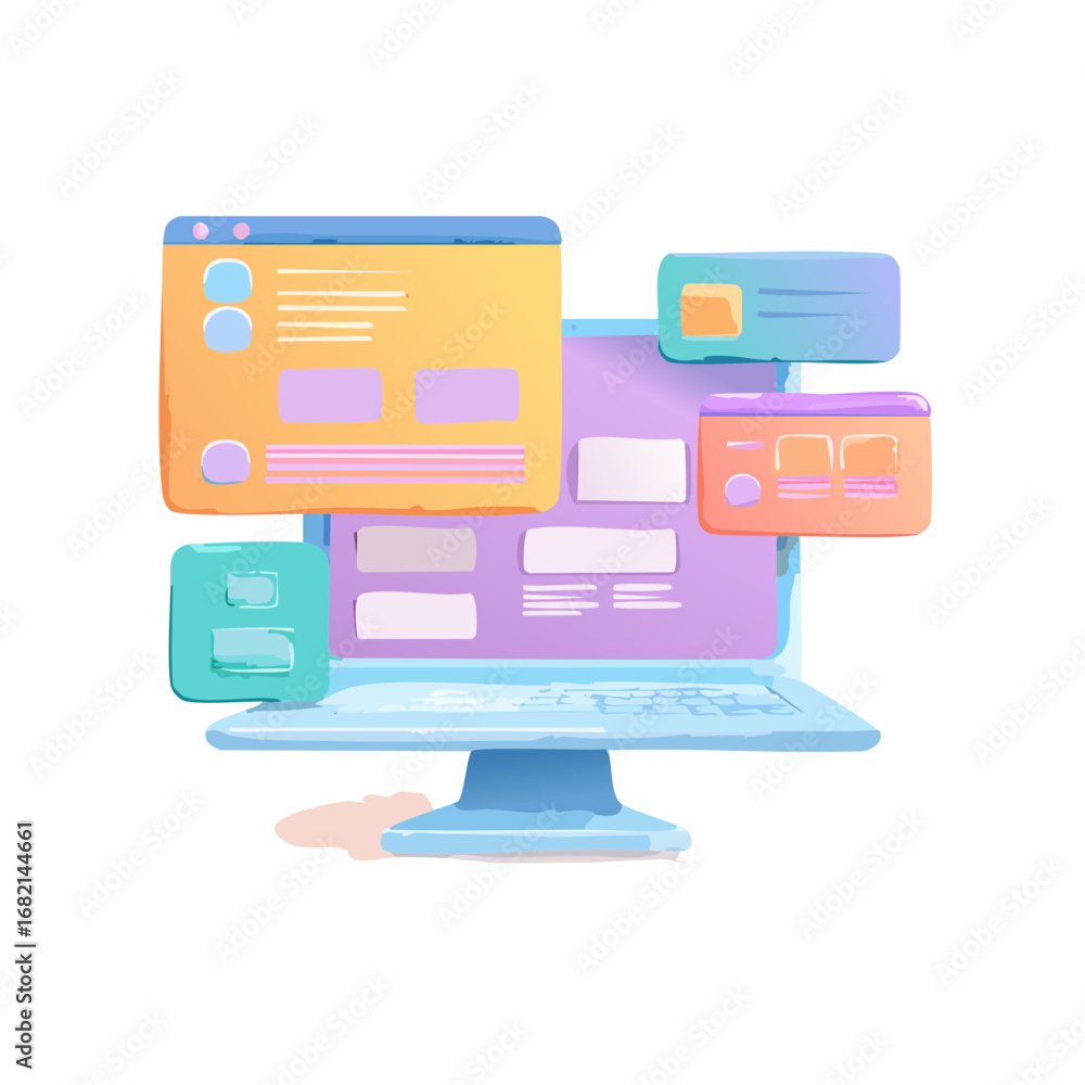 Fototapete digital interface design on a laptop with various browser windows and icons, showcasing web developm