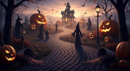 Spooky Halloween Scene with Illuminated Jack-o'-lanterns Witches and Haunted House at Sunset