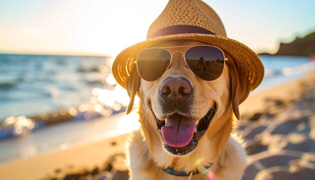 A happy golden retriever dog wearing sunglasses and a straw hat, enjoying a sunny day at the beach with the ocean in the background.
