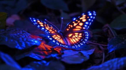 A butterfly glows with brilliant orange and blue light, resting on dark green foliage in a dimly lit, mysterious forest