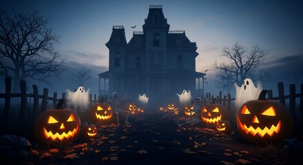 Spooky Haunted House Halloween Scene with Glowing Jack-o-Lanterns and Ghosts at Night