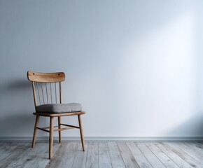 A light-filled room with a simple wooden chair against a pale wall.