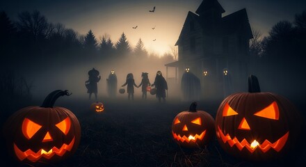 Spooky Halloween Scene with Glowing Jack-o-Lanterns and Silhouetted Children in Front of Haunted House