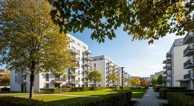 Modern Apartment Complex Courtyard, Autumn Day, Residential Architecture, Green Space