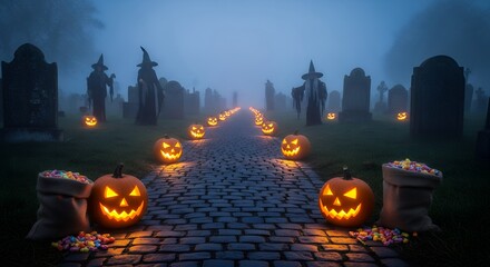Spooky Halloween Pumpkin Path in Foggy Cemetery with Witch Hats and Candy Bags