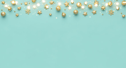 Festive holiday banner with a border of shiny gold Christmas decorations and glowing lights on a gentle teal backdrop