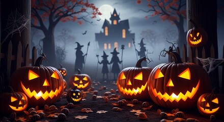 Halloween Pumpkin Carvings Haunted Forest Night Scene Spooky Atmosphere