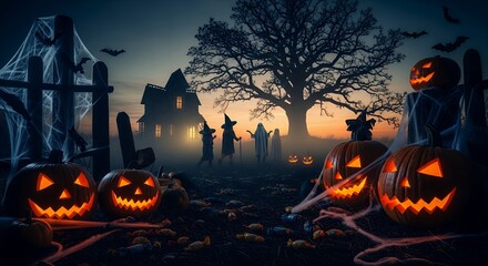 Spooky Halloween Scene with Illuminated Jack-o'-lanterns Haunted House and Bats at Sunset