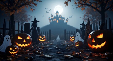 Spooky Halloween Scene with Jack O Lanterns Bats and Haunted Castle at Night