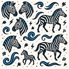 Whimsical zebra family seamless pattern with lively icons and clean repeat for playful design