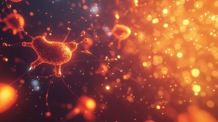 Microscopic view of cells with glowing particles in a warm vibrant orange environment