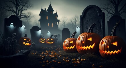 Halloween Pumpkin Carvings in Haunted Graveyard with Ghosts and Skeletons