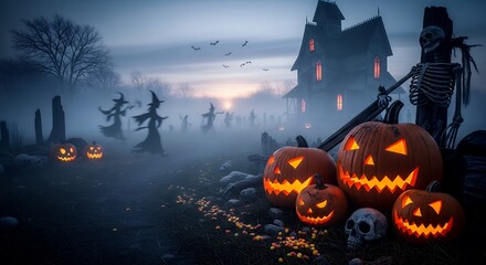 Spooky Halloween Scene with Illuminated Pumpkins and Haunted House at Night