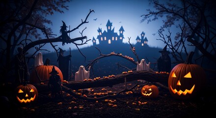 Spooky Halloween Scene with Glowing Jack-o'-Lanterns Ghosts and Haunted Castle in Dark Forest