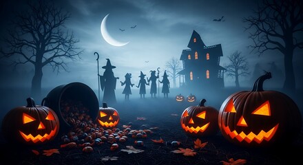 Spooky Halloween Night Scene with Illuminated Jack-o-Lanterns and Haunted House
