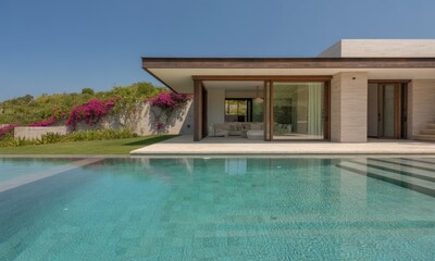 Fototapeta premium Modern villa exterior with pool and patio. Spacious, light-filled living area overlooking a tranquil pool. Tranquil, lush landscape and vibrant bougainvillea add to the home's elegance