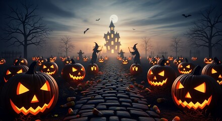 Spooky Halloween Scene with Illuminated Jack-o'-Lanterns and Haunted Castle at Night