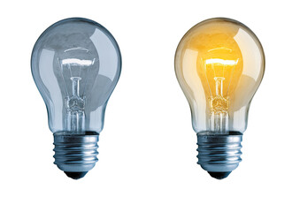 Two light bulbs, one lit and one unlit, against a black background.  The lit bulb glows a warm, golden yellow, while the unlit bulb is a cool, translucent gray.  