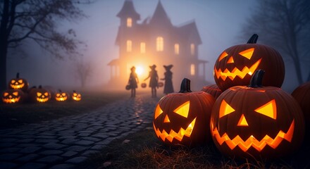 Halloween Pumpkin Carvings with Illuminated Faces and Children in Witch Costumes at Night