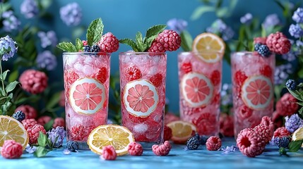 Refreshing raspberry lemonade cocktails, decorated with berries, lemon, and mint, surrounded by flowers