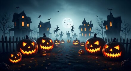 Spooky Halloween Scene with Glowing Jack O Lanterns Haunted Houses and Bats Under Full Moon