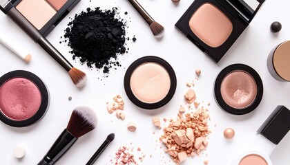 Assorted makeup products, including eyeshadow palettes, blush, powders, and brushes, are arranged on a bright white background in an elevated, overhead shot
