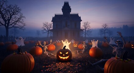 Spooky Halloween Scene with Jack O Lanterns Skeletons Ghosts Bats and Haunted House at Dusk