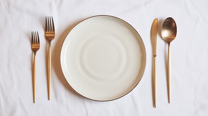 Elegant Gold Flatware and White Plate Setting: Minimalist Tabletop Photography