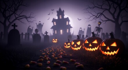Halloween Pumpkin Carvings in Spooky Haunted Graveyard Scene with Dark Trees and Fog