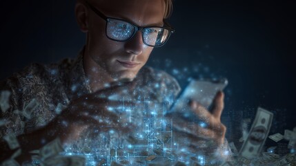 Young man with glowing digital data on his smartphone screen
