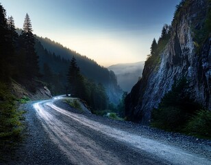 薄明かりの中の岩山と山道
