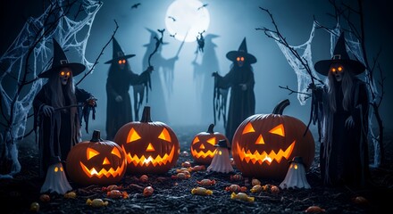 Spooky Halloween Scene with Glowing Jack-o'-lanterns Witches in Dark Forest