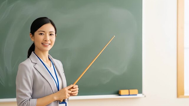Asian caning teacher holding pointer near chalkboard. 4K Video