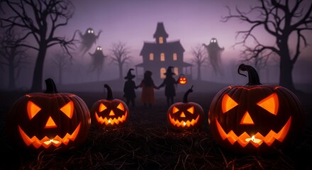 Halloween Pumpkin Decorations with Children in Costumes in Spooky Night Scene