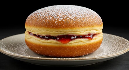 Round donut with strawberry jam and sugar sprinkles