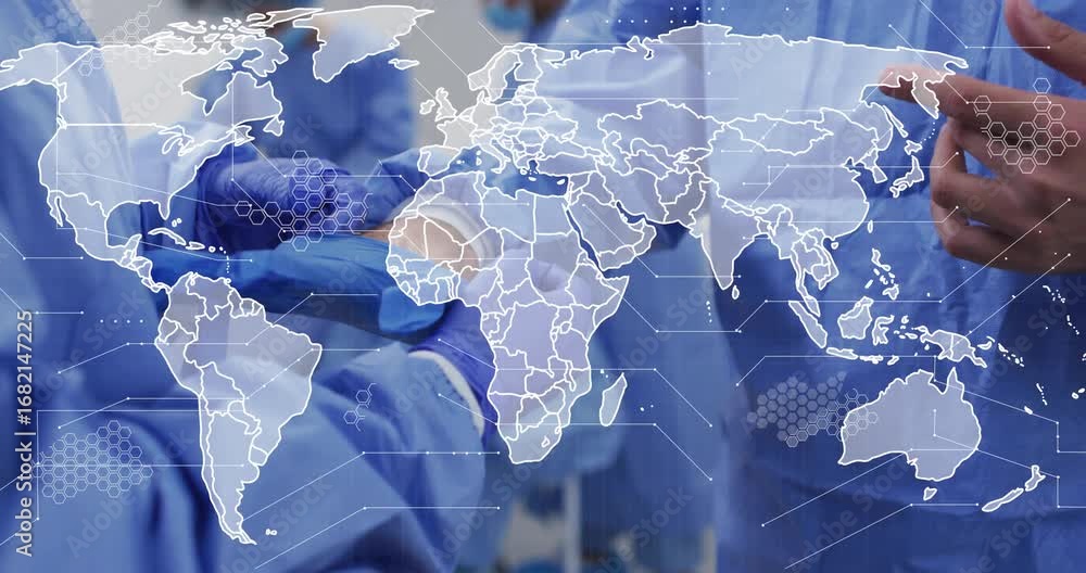 Poster medical team exchanging instrument in operating room, world map overlay fading to show global data