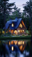 Obraz premium Serene cabin nestled by a reflective lake at dusk, illuminated windows glow amid trees, tranquil scene mirrored