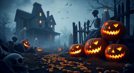 Spooky Halloween Scene with Glowing Jack O Lanterns and Skeletons in Front of Haunted House