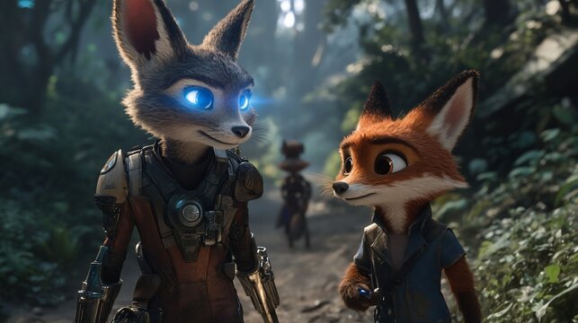 Two anthropomorphic foxes converse in a verdant forest; a robotic fox with glowing blue eyes stands opposite a traditional fox. Background characters are distant - Powered by Adobe