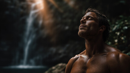 Moment of Serenity: A toned, muscular man with eyes closed, finds inner peace and tranquility in nature's embrace, near cascading waterfall and lush environment.