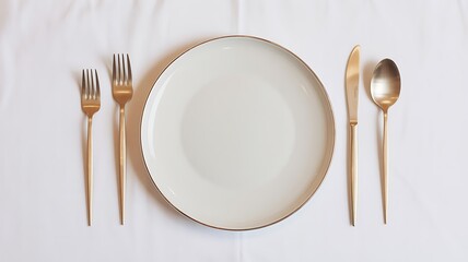 Elegant Rose Gold Cutlery and White Plate Setting: Minimalist Tabletop Photography