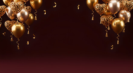 Elegant golden heart balloons and confetti on a dark background for celebration design
