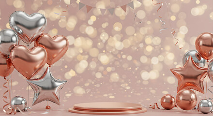 Rose gold and silver balloons with podium on festive bokeh background for celebration