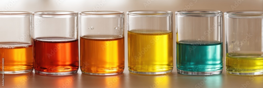 Poster glass containers filled with various colorful liquids are neatly arranged in a row, showcasing vibra
