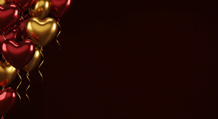 Shiny Red and Gold Heart Balloons on Dark Background with Copy Space