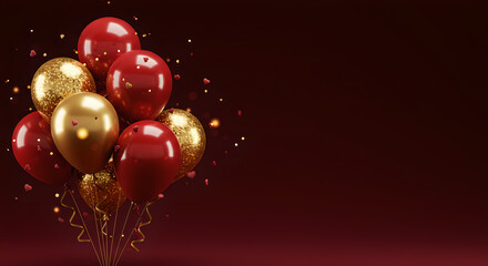 Elegant Red and Gold Party Balloons with Glittering Confetti on a Dark Background